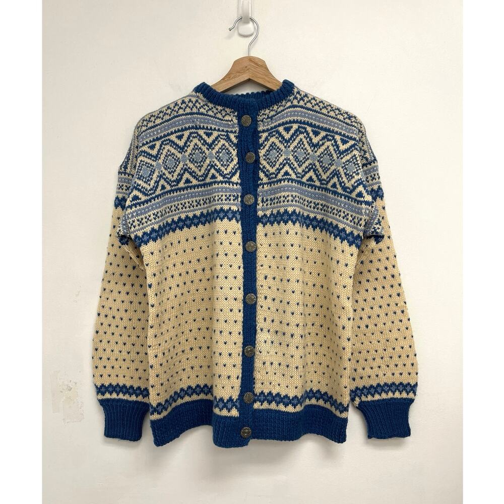 Vintage Handmade Fair Isle Nordic Scandinavian Winter Ski Cardigan Sweater Large